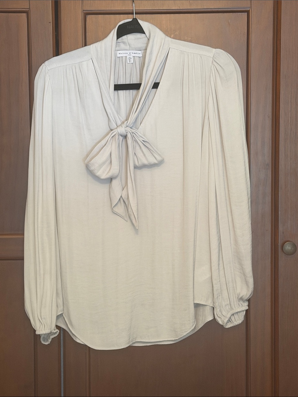 Maison d’Amelie Light Grey Tie-Neck Long Sleeve Blouse - Small